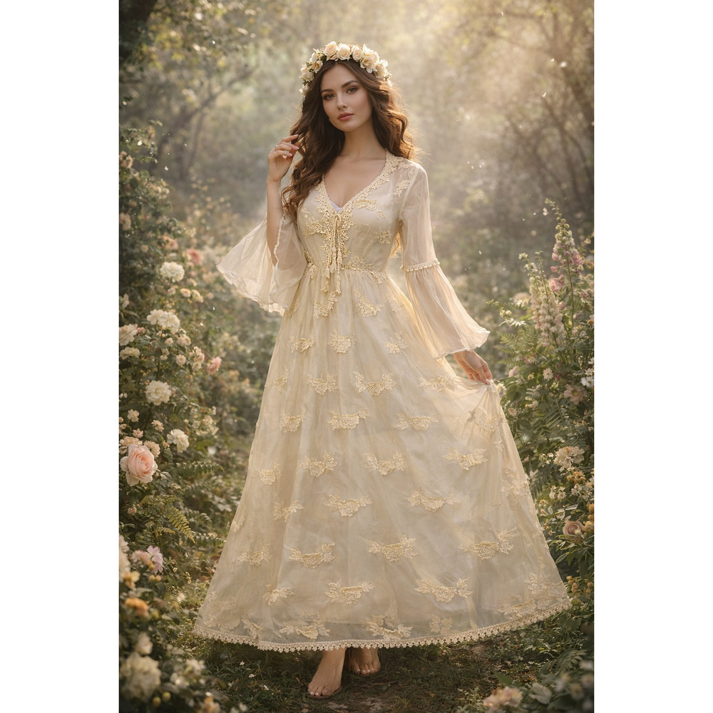 Lucy Paris Fairy Sheer boho chic Crochet bell sleeve Maxi dress Ethereal Med